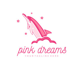 Dolphin jumps out of the cloud, sky and stars, logo design. Dreams, fantasy, marine life, animals and fish, vector design and illustration