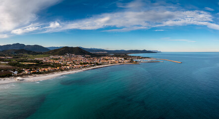 aerial panroama landscape Siniscola and the Sardinian coast on the turquoise Tyrrhenian Sea