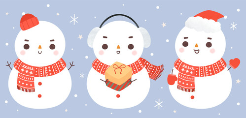 Set of cute hand drawn snowman in red scarf and hat for winter flat vector cartoon illustration