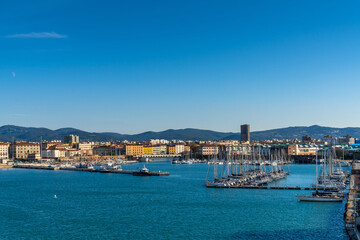 view of the sports harbor and marina and the old town center of Livorno