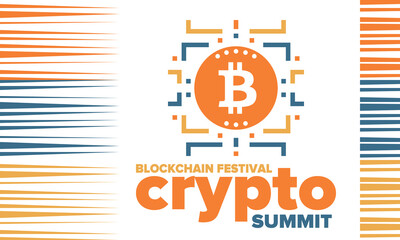 Fototapeta premium Crypto Summit. Blockchain Festival. Digital money and smart online technology. Finance, banking and business illustration. Cryptocurrency mining. Bitcoin logo. Flat design. Vector poster