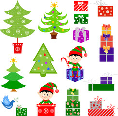 Isolated Christmas illustrations of Christmas trees, elf, presents and dice