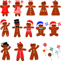 Isolated gingerbread men and women with Christmas Santa has and lollipops 