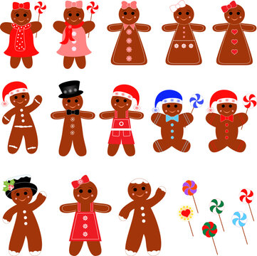 Isolated gingerbread men and women with Christmas Santa has and lollipops 