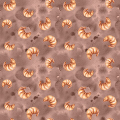 Watercolor croissant pastry seamless pattern for wrapping paper, fabric, stationery, wallpaper or print.