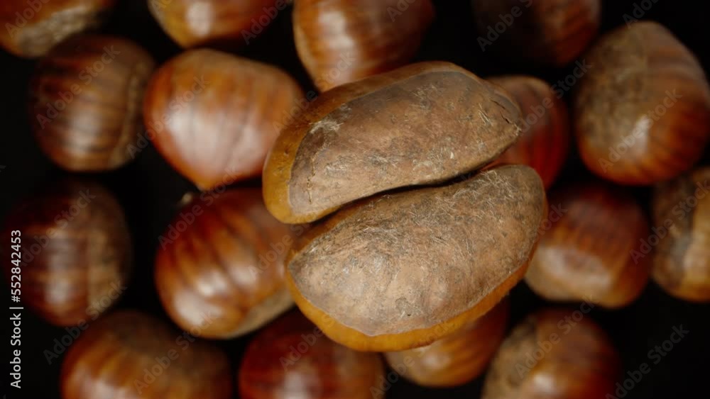 Wall mural The looped rotation of a chestnut nut is seen from above, against a background of chestnuts. Close-up