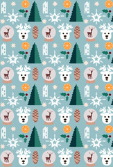 Christmas seamless pattern with stars, berries, glass ball with snow, deer and christmas tree on blue background. Good for wrapping paper