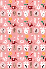 Christmas seamless pattern with stars, berries, glass ball with snow, deer and christmas tree on red background. Good for wrapping paper
