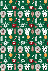 Fototapeta premium Christmas seamless pattern with stars, berries, glass ball with snow, deer and christmas tree on green background. Good for wrapping paper