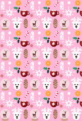 Christmas seamless pattern with stars, berries, cacao, candy cane,oranges ,deer and christmas tree on pink background. Good for wrapping paper