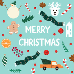 Xmas illustration with cinnamon, oranges and cacao on blue background.Happy holidays illustration with winter decor good for greeting card