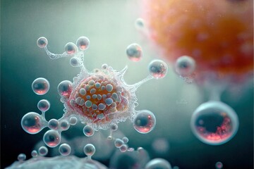 Microscopic macroscopic close view of cells attacked by virus and bacteria science and medical microbiology render illustration - obrazy, fototapety, plakaty