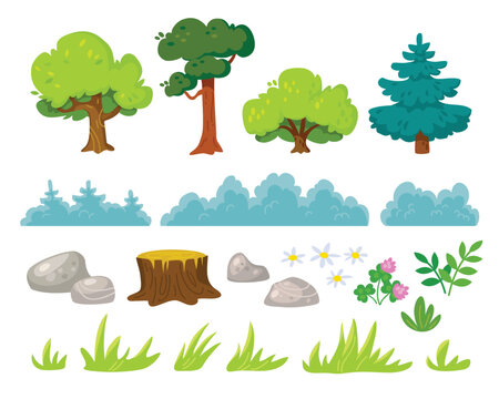 Vector set, collection of cartoon plants, trees, and grass, isolated on white. Green nature objects clipart illustration. Images, pictures of green nature objects used for landscaping, garden design.