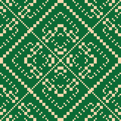 Vector geometric traditional folk ornament. Modern ethnic seamless pattern. Ornamental geo background with small squares, snowflakes, floral shapes. Green and beige texture of embroidery, knitting