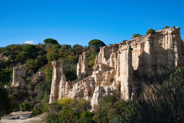 Fototapeta na wymiar The Orgues of Ille sur Tet are columns of soft rock geological bodies in the south of France. Columns sculpted by water. Eastern Pyrenees, France.
