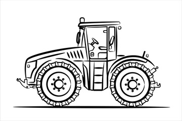 A hand drawn line art of a heavy tractor. Agricultural machine, side view.  Modern flat vector illustration. Side view of modern farm tractor