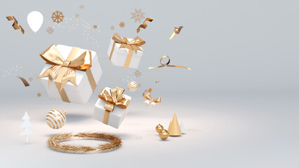 Golden gift box festival celebration,golden christmas gift box on white background,3D rendering