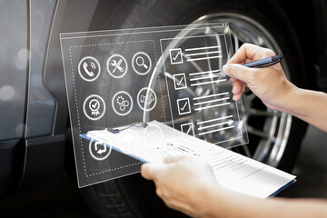 Car business and Insurance concept on a virtual screen, A man checklist for damage point car service warranty accident record the details in the claim document so that customers are satisfied - obrazy, fototapety, plakaty