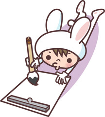 書初めをするウサギの着ぐるみを着た子