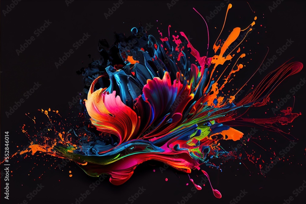 Poster a colorful abstract painting on a black background with paint splatters and sprays on it's surface. 