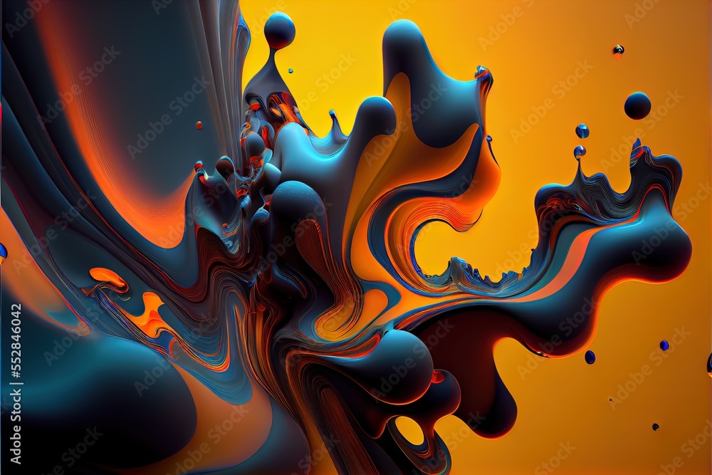 Poster a computer generated image of a liquid swirl in orange and blue colors with bubbles and bubbles on t