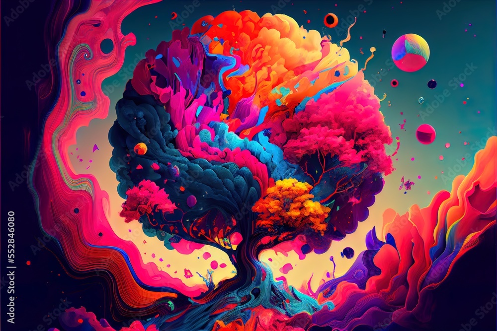 Poster a painting of a tree with a lot of colors on it's trunk and branches in the air. generative ai
