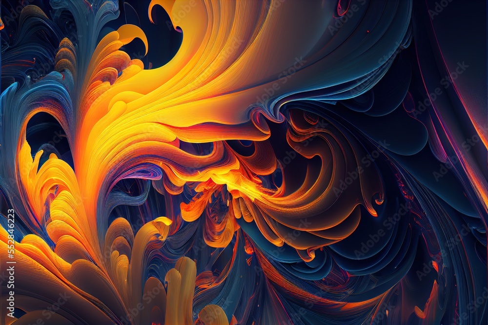 Poster a computer generated image of a swirly orange and blue background with a black background and a blue