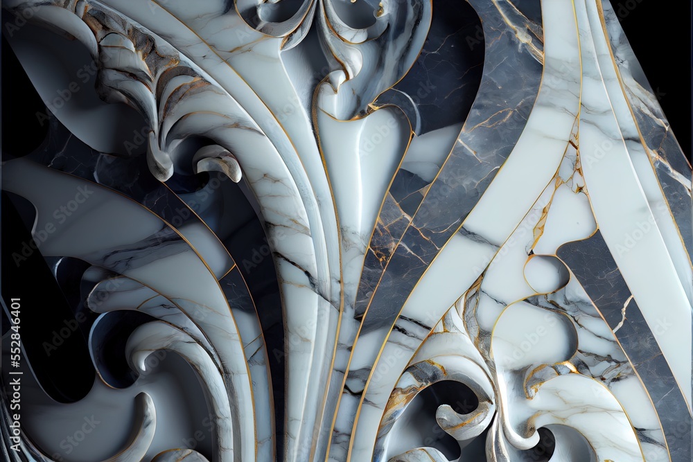 Poster a close up of a marbled object with a black background and gold accents on it's edges. generative ai