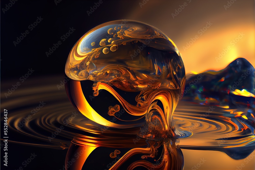 Poster a glass ball with a swirly design on it in a dark room with a reflection of a mountain. generative a