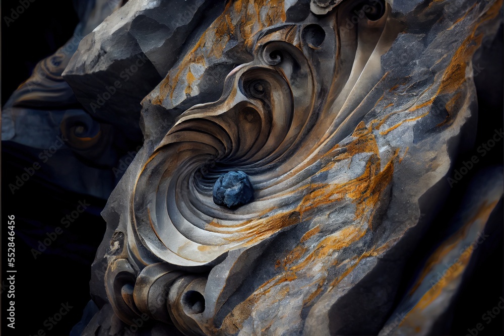 Poster a rock with a spiral design on it and a blue object in the middle of it's center. generative ai