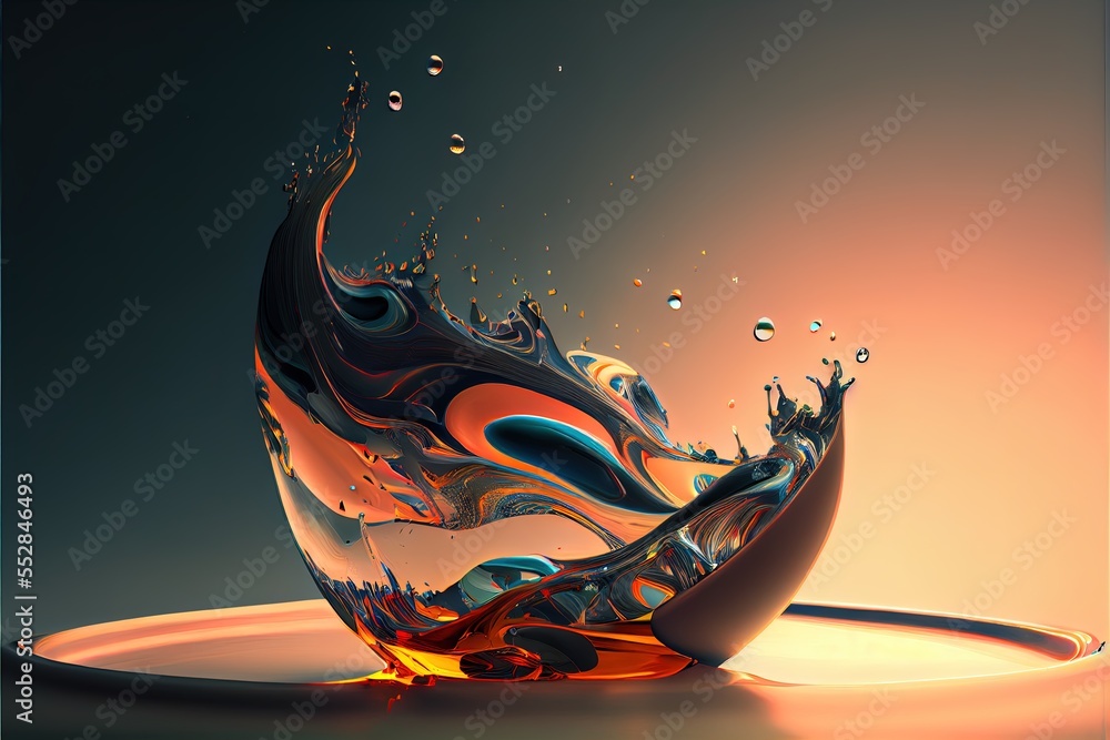 Poster a liquid splashing into a liquid filled with water on a table top with a blue background and a yello