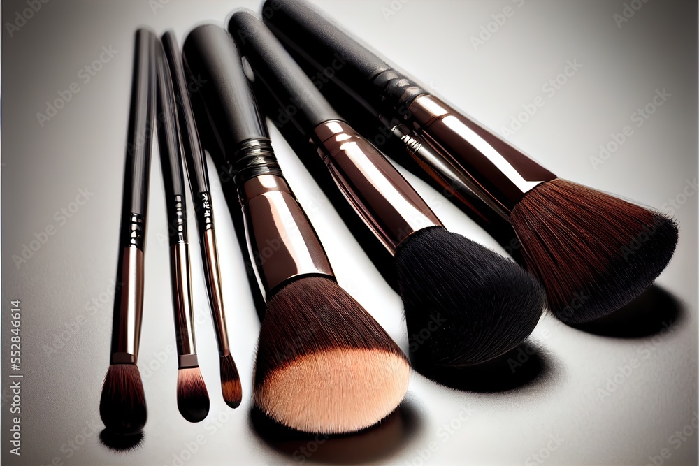 Poster a group of makeup brushes sitting on top of a table next to each other on a table top with a white b