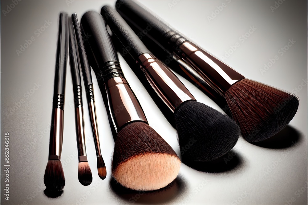 Poster a group of makeup brushes sitting on top of a table next to each other on a table top with a white b