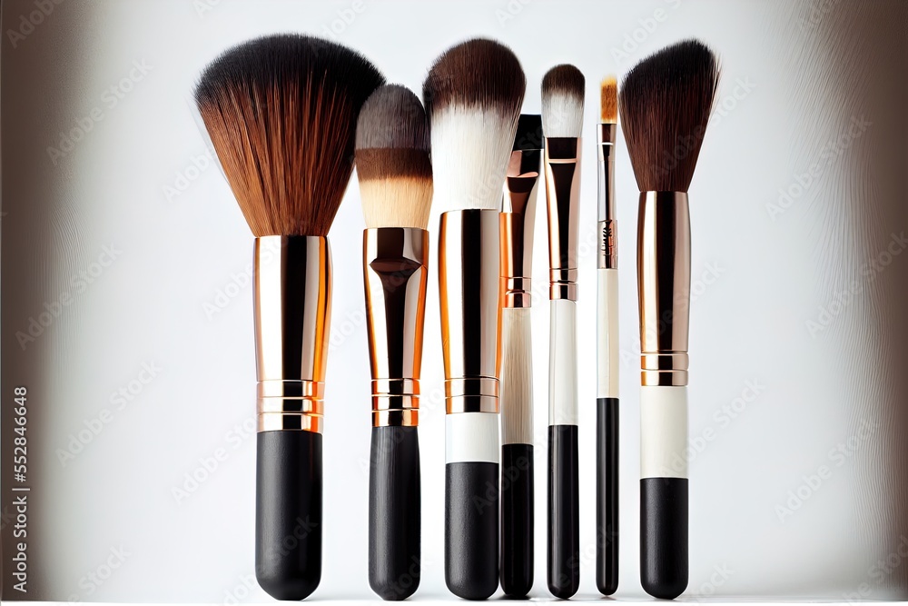 Poster a group of makeup brushes lined up in a row on a table top with a white background and a white wall.