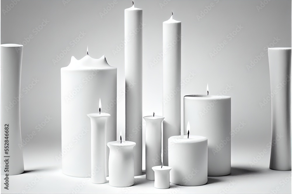 Poster a group of white candles sitting next to each other on a table with a white background and a white b