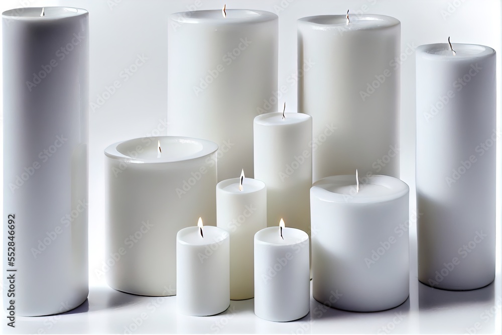 Poster  a group of white candles sitting next to each other on a table with white background and white background with white border. Generative AI