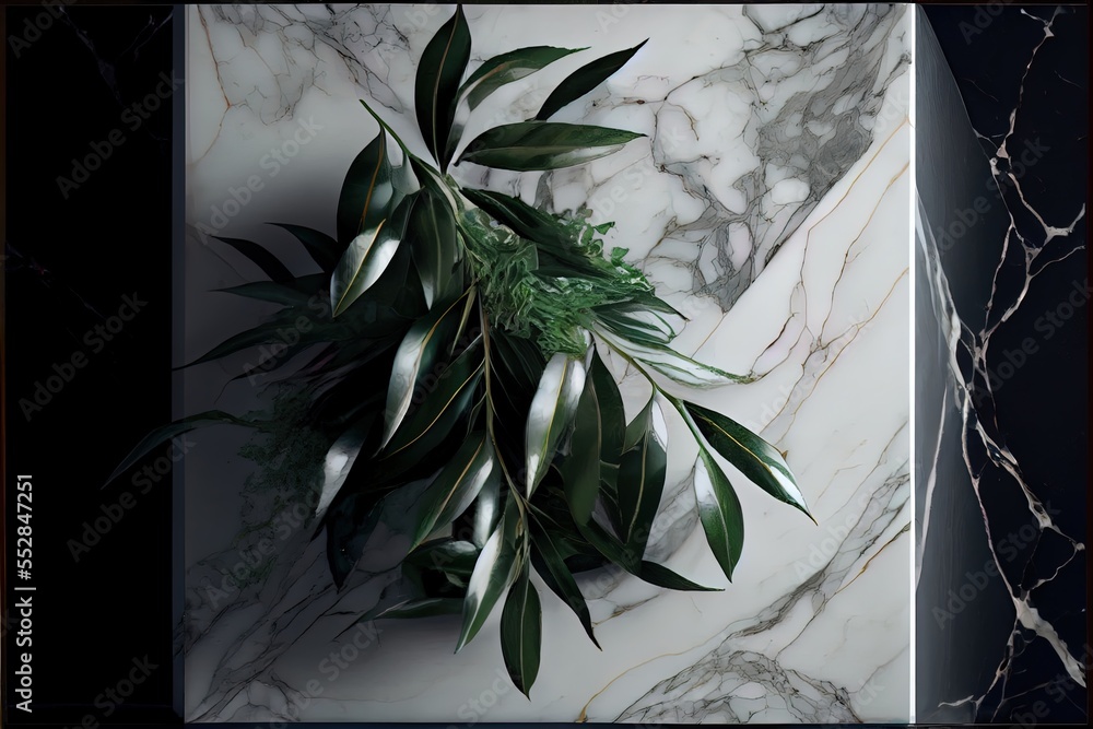 Aufkleber a marble table with a plant on top of it and a black frame around it with a red border. generative a