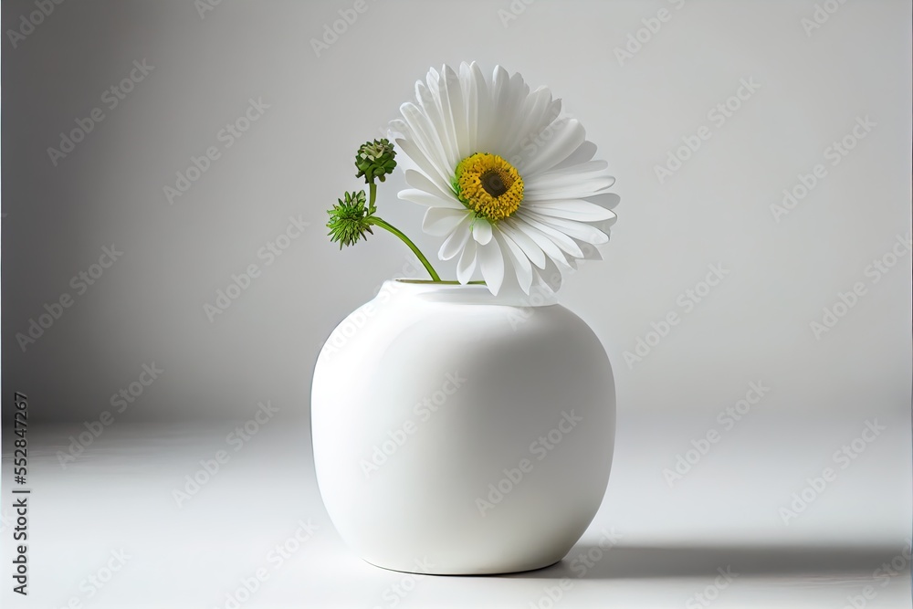 Poster a white vase with a flower in it on a table top with a gray background behind it and a white backgro
