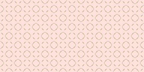 Naklejka premium Abstract golden floral seamless pattern. Vector gold and pink background. Simple geometric leaf ornament. Luxury graphic texture with flower shapes, diamond grid. Elegant repeat minimalist design