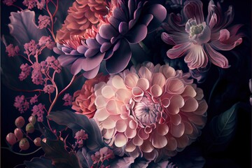  a bunch of flowers that are on a table together in a vase with a black background and a red frame. Generative AI - obrazy, fototapety, plakaty