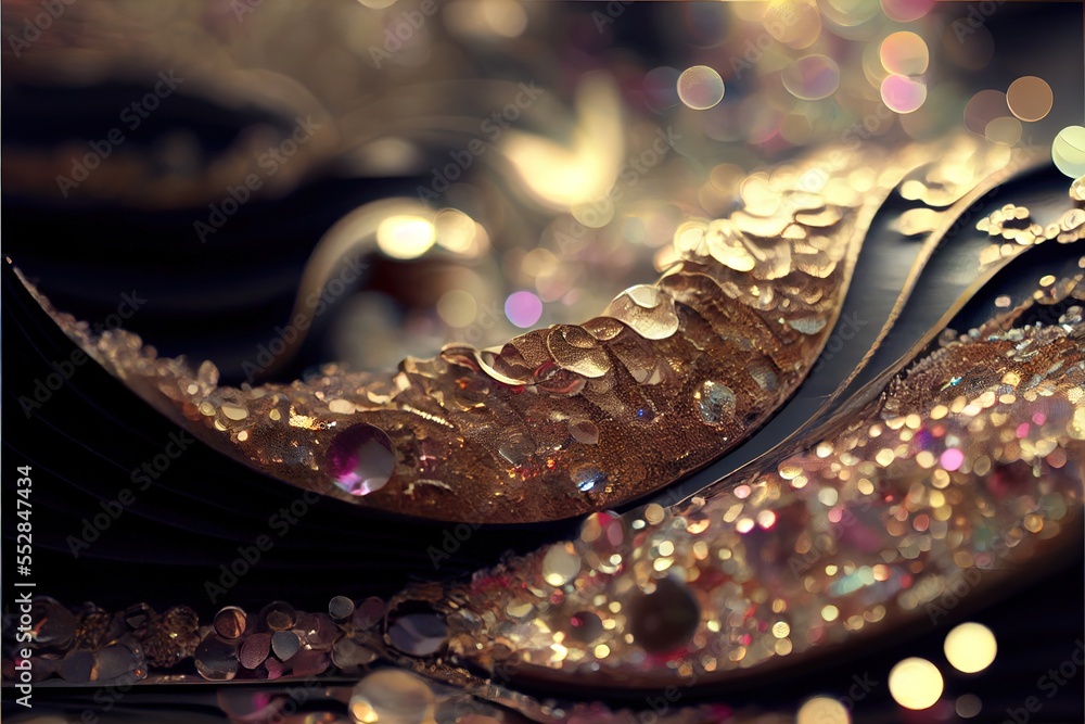 Poster a close up of a pair of shoes with shiny sequins on them and a shiny background of lights. generativ