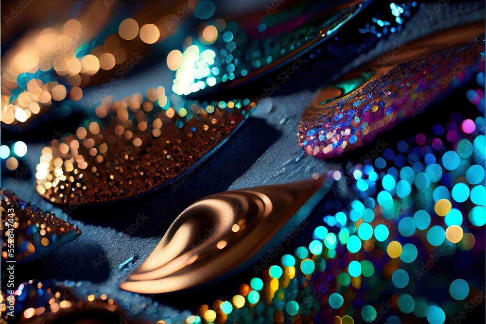 Poster a close up of a table with a variety of colorful objects on it and a blurry background of lights. ge