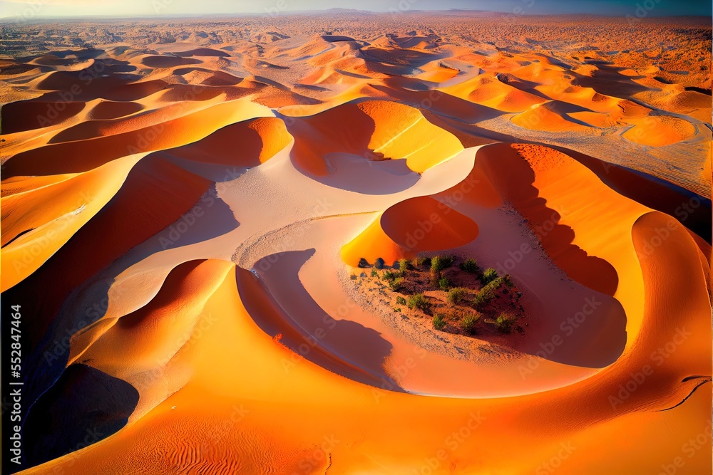Poster a desert with a small tree in the middle of it and sand dunes in the background. generative ai