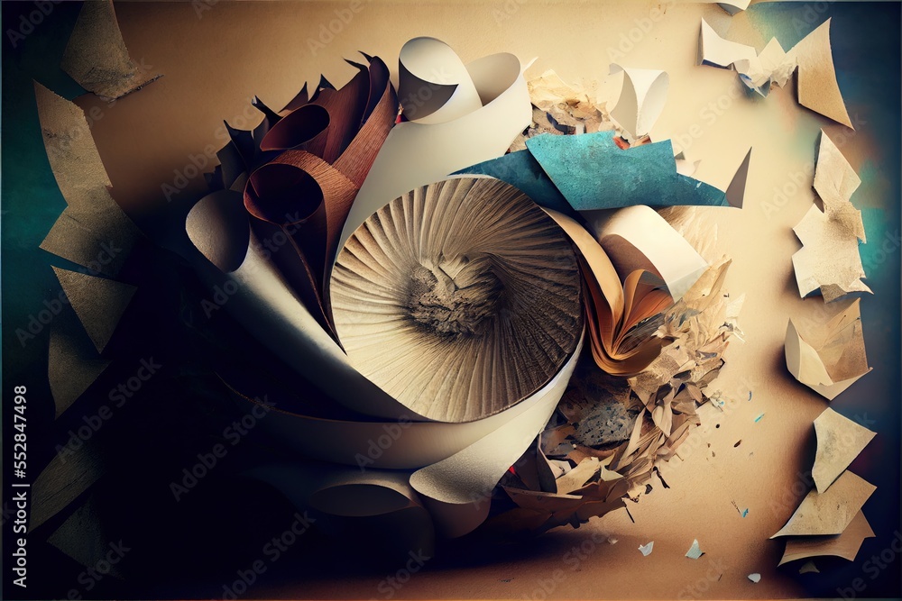 Poster a pile of paper with a spiral design on top of it and a pile of other papers on the ground. generati