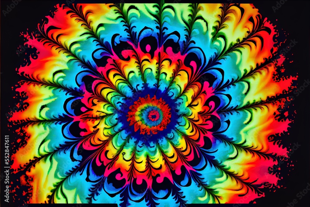 Poster a colorful flower with a black background and a black background with a red. generative ai