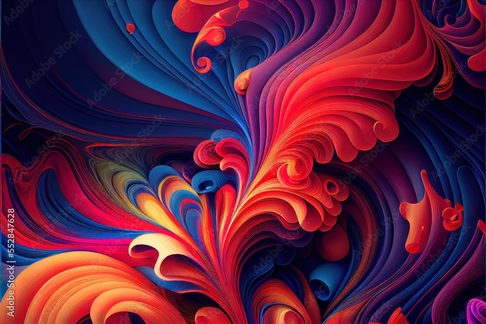 Poster a computer generated image of a colorful swirl design on a blue background with a red and yellow swi