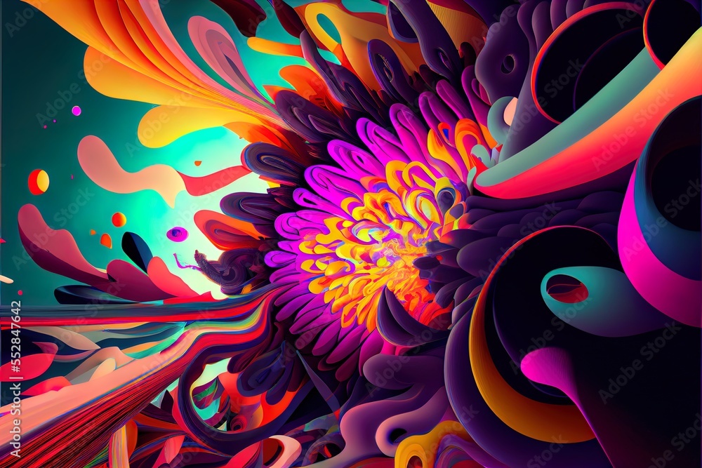 Poster a colorful abstract painting with a flower in the center of the image and a black background with a 
