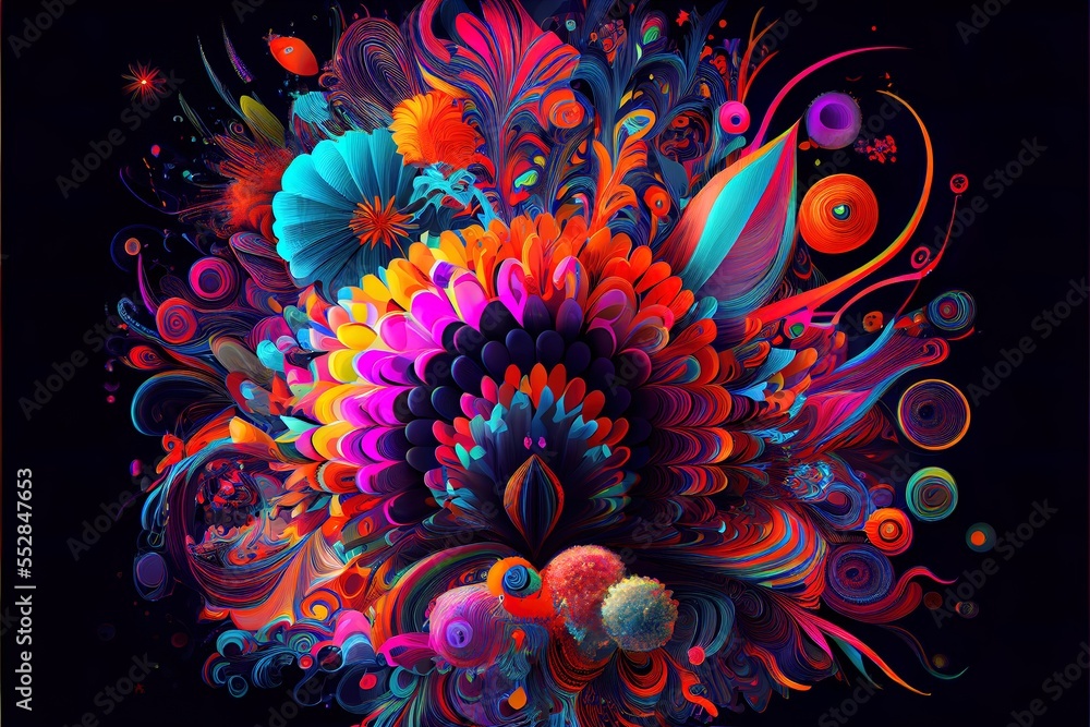 Poster a colorful abstract painting of flowers and bubbles on a black background with a black background an