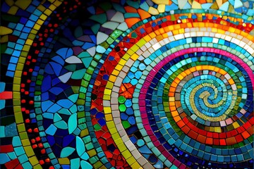  a colorful circular design made of small tiles on a wall or floor with a spiral design in the center. Generative AI