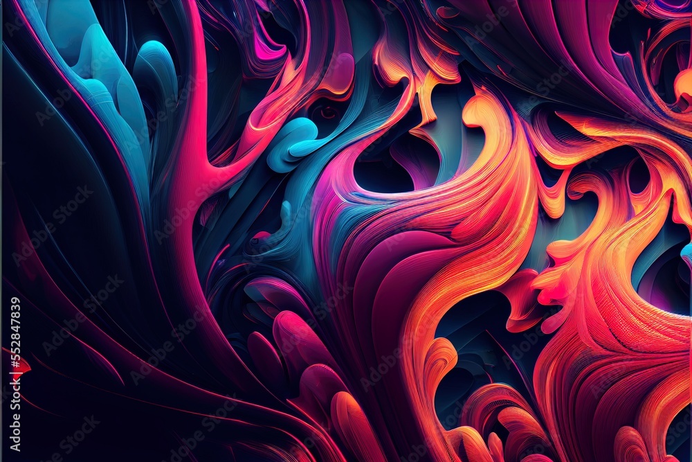 Poster a computer generated image of a colorful swirl design on a black background with a blue and red back